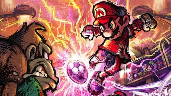 Super Mario Strikers art with Mario and Donkey Kong